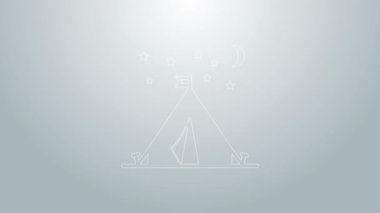 Gri arkaplanda bayrak simgesi olan mavi çizgi turist çadırı. Kamp sembolü. 4K Video hareketli grafik canlandırması