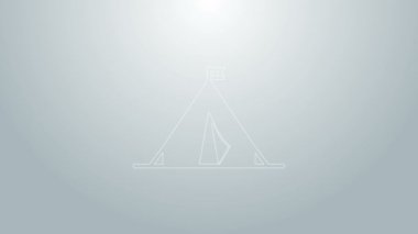 Gri arkaplanda bayrak simgesi olan mavi çizgi turist çadırı. Kamp sembolü. 4K Video hareketli grafik canlandırması