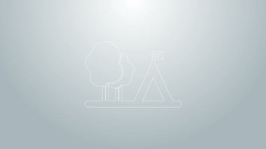 Gri arkaplanda bayrak simgesi olan mavi çizgi turist çadırı. Kamp sembolü. 4K Video hareketli grafik canlandırması