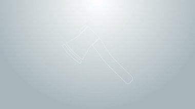 Mavi çizgi tahta balta simgesi gri arkaplanda izole edildi. Oduncu baltası. 4K Video hareketli grafik canlandırması