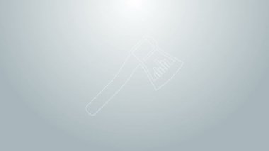 Mavi çizgi tahta balta simgesi gri arkaplanda izole edildi. Oduncu baltası. 4K Video hareketli grafik canlandırması