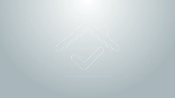 Blue line House with check mark icon isolated on grey background. Real estate agency or cottage town elite class. 4K Video motion graphic animation — Stock Video