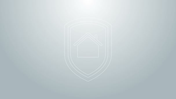 Línea azul Casa bajo icono de protección aislada sobre fondo gris. Hogar y escudo. Protección, seguridad, protección, concepto de defensa. Animación gráfica de vídeo 4K — Vídeos de Stock