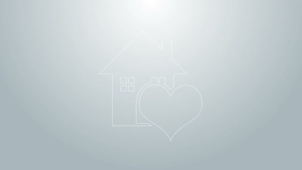 Ligne bleue Maison avec icône en forme de coeur isolé sur fond gris. Symbole d'amour. Famille, immobilier et immobilier. Animation graphique de mouvement vidéo 4K — Video