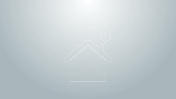 Niebieska linia Dom z ikoną kształtu serca na szarym tle. Symbol domu miłości. Rodzina, nieruchomości i nieruchomości. 4K Animacja graficzna ruchu wideo — Wideo stockowe
