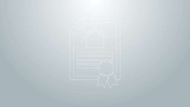 Blauwe lijn House contract icoon geïsoleerd op grijze achtergrond. Contract creatie dienst, document vorming, aanvraagformulier samenstelling. 4K Video motion grafische animatie — Stockvideo