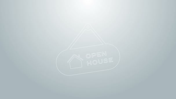 Kék vonal Akasztójel szöveggel Nyílt ház ikon elszigetelt szürke háttér. Jelzőtábla szöveges Nyitott Ház. 4K Videó mozgás grafikus animáció — Stock videók