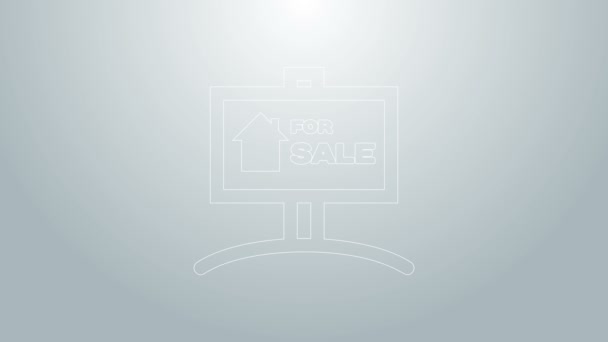 Blå linje Hängande skylt med text Till salu ikon isolerad på grå bakgrund. Skylt med text till salu. 4K Video motion grafisk animation — Stockvideo