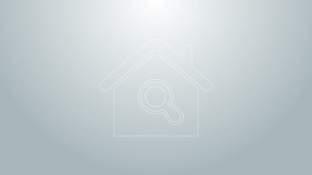 Línea azul Icono de la casa de búsqueda aislado sobre fondo gris. Símbolo inmobiliario de una casa bajo lupa. Animación gráfica de vídeo 4K — Vídeos de Stock