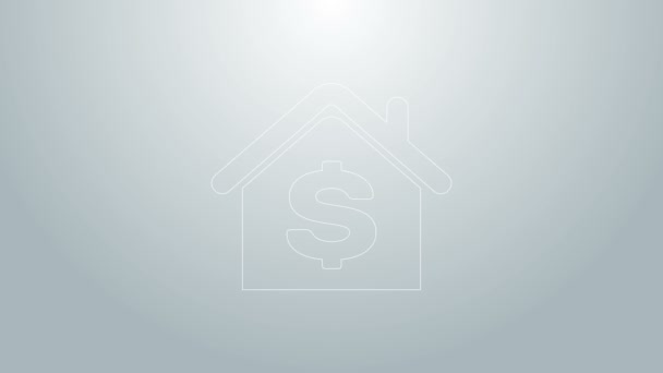 Kék vonal Ház dollár szimbólum ikon elszigetelt szürke háttér. Otthon és pénz. Ingatlankoncepció. 4K Videó mozgás grafikus animáció — Stock videók