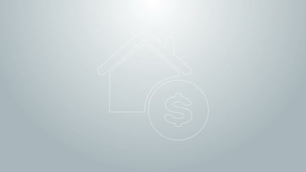 Casa de línea azul con símbolo de dólar aislado sobre fondo gris. Hogar y dinero. Concepto inmobiliario. Animación gráfica de vídeo 4K — Vídeos de Stock