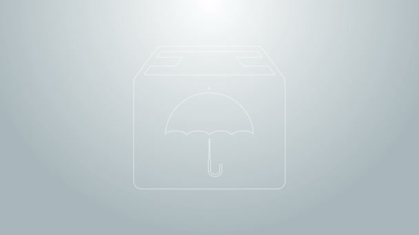 Blå linje Leverans paket med paraply symbol ikon isolerad på grå bakgrund. Paketkartong med paraplyskylt. Logistik och leverans. 4K Video motion grafisk animation — Stockvideo