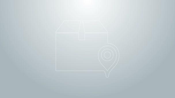 Línea azul Ubicación con icono de caja de cartón aislado sobre fondo gris. Servicios de entrega, logística y transporte, reubicación, distribución. Animación gráfica de vídeo 4K — Vídeo de stock