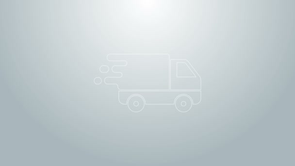 Blauwe lijn Bestelwagen in bewegingspictogram geïsoleerd op grijze achtergrond. Snelle verzending vrachtwagen. 4K Video motion grafische animatie — Stockvideo