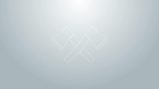 Blå linje Korsade trä yxa ikon isolerad på grå bakgrund. Skogshuggaryxa. 4K Video motion grafisk animation — Stockvideo