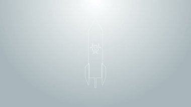 Mavi çizgi Biyolojik Tehlike roket ikonu gri arka planda izole edildi. Roket bombası düşüyor. 4K Video hareketli grafik canlandırması