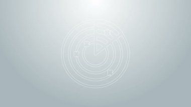 Mavi çizgi Radar, gri arkaplanda izole edilmiş ikonu ararken ekranda hedefler var. Askeri arama sistemi. Donanma sonarı. 4K Video hareketli grafik canlandırması