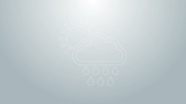 Mavi çizgi bulutu, gri arka planda izole edilmiş yağmur ve güneş ikonu. Yağmur damlaları ile yağmur bulutu yağışı. 4K Video hareketli grafik canlandırması
