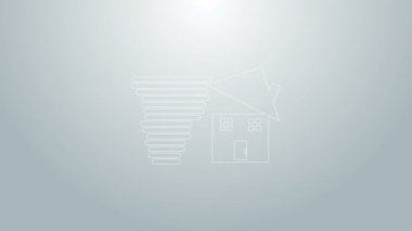 Mavi çizgi Tornado girdabı gri arkaplanda izole edilmiş çatı ikonuna zarar veriyor. Kasırga, kasırga, fırtına bacası, kasırga rüzgar ikonu. 4K Video hareketli grafik canlandırması