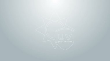 Mavi çizgi UV koruma simgesi gri arkaplanda izole edildi. Güneş ve kalkan. Ultra menekşe ışınları radyasyon. SPF güneş işareti. 4K Video hareketli grafik canlandırması