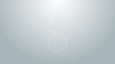 Gri arka planda izole edilmiş kurdele ikonu olan mavi çizgi basketbol madalyası. 4K Video hareketli grafik canlandırması