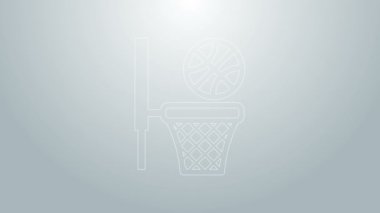Mavi çizgi basketbol topu ve basket ikonu gri arka planda izole edildi. Basketbol potasında top. 4K Video hareketli grafik canlandırması