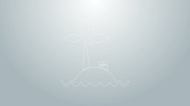 Okyanus ikonundaki mavi çizgi tropikal ada gri arka planda izole edilmiş. Okyanus ve palmiyelerle kaplı bir manzara. Seyahat et. 4K Video hareketli grafik canlandırması