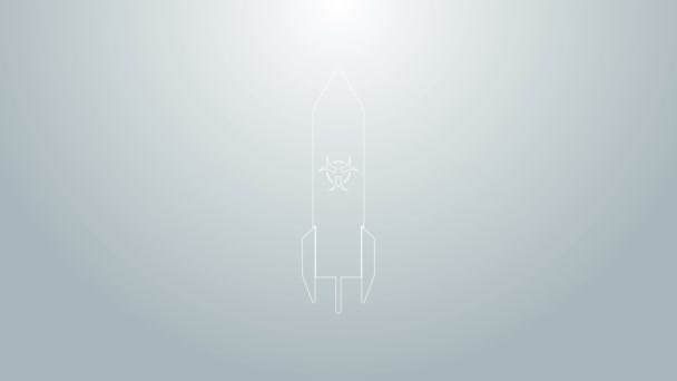 Icono de cohete Biohazard de línea azul aislado sobre fondo gris. Bomba cohete vuela hacia abajo. Animación gráfica de vídeo 4K — Vídeos de Stock