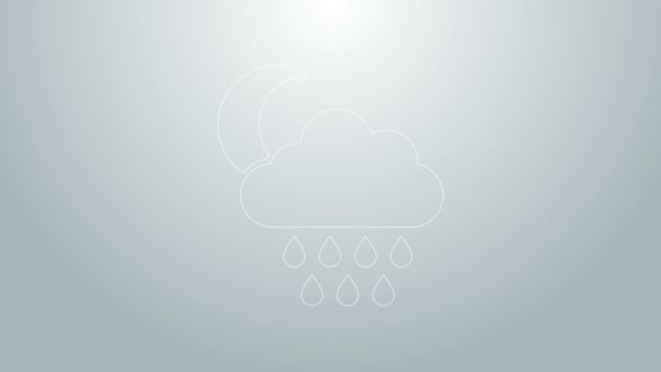 파란 선 구름 과 비와 달의 아이콘 이 회색 배경에 고립되어 있습니다. 비가 빗방울을 동반하여 비가 내리게 됩니다. 4K 비디오 모션 그래픽 애니메이션 — 비디오