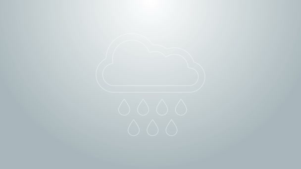 Linea blu Nuvola con icona pioggia isolata su sfondo grigio. Pioggia precipitazioni nuvolose con gocce di pioggia. Animazione grafica 4K Video motion — Video Stock