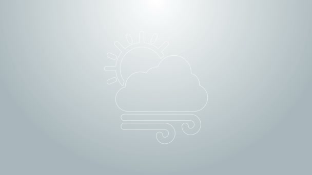 Blaue Linie Windiges Wettersymbol isoliert auf grauem Hintergrund. Wolken mit Sonne und Wind. 4K Video Motion Grafik Animation — Stockvideo