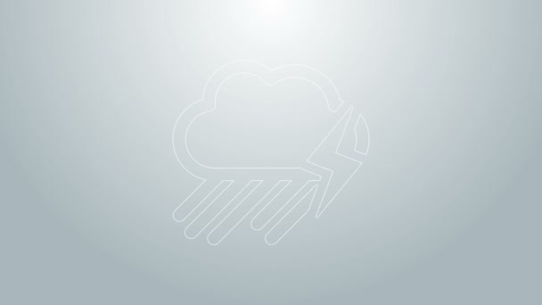 Linha azul Nuvem com ícone de chuva e relâmpago isolado no fundo cinza. Chuva precipitação nuvem com gotas de chuva.Ícone do tempo de tempestade. Animação gráfica em movimento de vídeo 4K — Vídeo de Stock