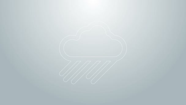 Nube de línea azul con icono de lluvia aislado sobre fondo gris. precipitación de nubes de lluvia con gotas de lluvia. Animación gráfica de vídeo 4K — Vídeos de Stock