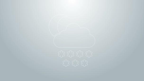 Linea blu Nuvola con icona di neve e luna isolata su sfondo grigio. Nuvola con fiocchi di neve. Icona del tempo singolo. Segno di neve. Animazione grafica 4K Video motion — Video Stock