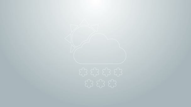 Nube de línea azul con icono de nieve y sol aislado sobre fondo gris. Nube con copos de nieve. Icono de tiempo único. Signo de niebla. Animación gráfica de vídeo 4K — Vídeos de Stock