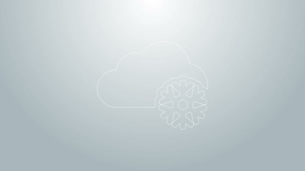 Nube de línea azul con icono de nieve aislado sobre fondo gris. Nube con copos de nieve. Icono de tiempo único. Signo de niebla. Animación gráfica de vídeo 4K — Vídeos de Stock