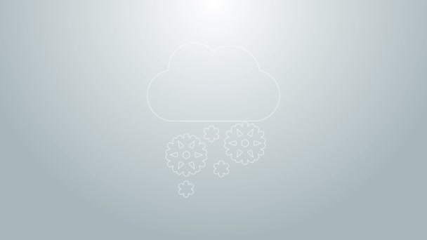 Nube de línea azul con icono de nieve aislado sobre fondo gris. Nube con copos de nieve. Icono de tiempo único. Signo de niebla. Animación gráfica de vídeo 4K — Vídeos de Stock