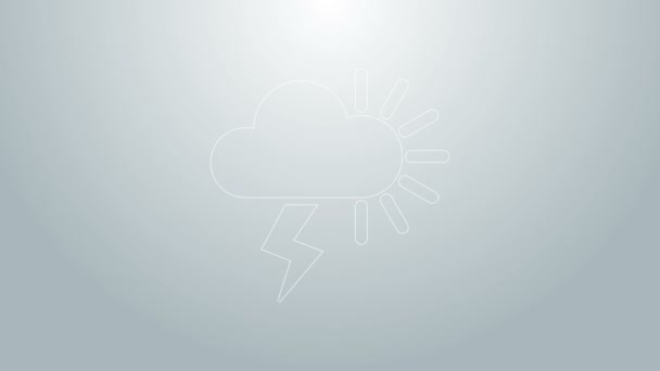 Icono Tormenta de línea azul aislado sobre fondo gris. Nublado con el rayo y el signo del sol. Icono del tiempo de tormenta. Animación gráfica de vídeo 4K — Vídeo de stock