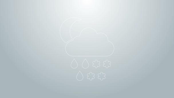 Blaue Linie Wolke mit Schnee, Regen und Mond-Symbol auf grauem Hintergrund. Wettersymbol. 4K Video Motion Grafik Animation — Stockvideo