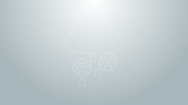 Blå linje Moln med snö och regn ikon isolerad på grå bakgrund. Väderikonen. 4K Video motion grafisk animation — Stockvideo