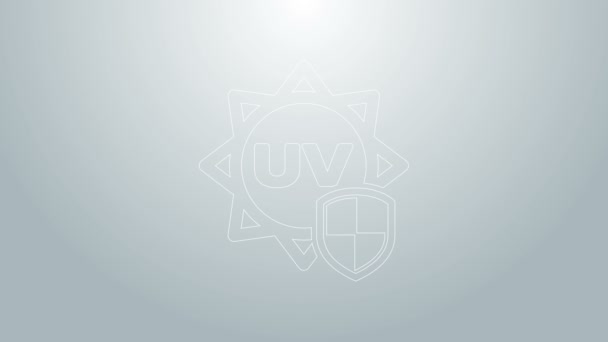 Icono de protección UV de línea azul aislado sobre fondo gris. Sol y escudo. Radiación ultravioleta. Señal solar SPF. Animación gráfica de vídeo 4K — Vídeo de stock