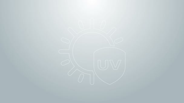 Ícone de proteção UV de linha azul isolado no fundo cinza. Sol e escudo. Radiação de raios ultravioleta. Sinal de sol SPF. Animação gráfica em movimento de vídeo 4K — Vídeo de Stock