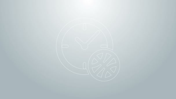 Reloj de línea azul con bola de baloncesto icono interior aislado sobre fondo gris. Hora del baloncesto. Deporte y entrenamiento. Animación gráfica de vídeo 4K — Vídeo de stock