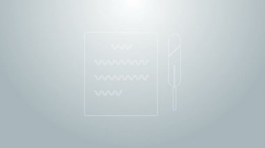 Mavi çizgi Tüy kalem ve kağıt kaydırma simgesi gri arkaplanda izole edildi. 4K Video hareketli grafik canlandırması