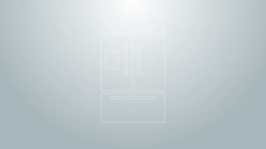 Mavi çizgi buzdolabı simgesi gri arkaplanda izole edildi. Buzdolabı buzdolabı. Ev aletleri ve aletler. 4K Video hareketli grafik canlandırması