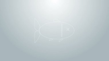 Mavi çizgi Balık simgesi gri arkaplanda izole edildi. 4K Video hareketli grafik canlandırması