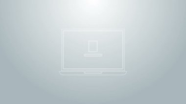 Mavi çizgi dizüstü bilgisayar simgesi gri arkaplanda izole edildi. Boş ekran işaretli bilgisayar defteri. 4K Video hareketli grafik canlandırması