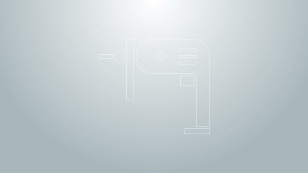 Modrá čára Ikona elektrického vrtačky izolovaná na šedém pozadí. Opravářský nástroj. Grafická animace pohybu videa 4K — Stock video