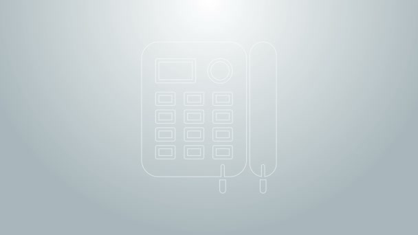 Línea azul Icono de teléfono aislado sobre fondo gris. Teléfono fijo. Animación gráfica de vídeo 4K — Vídeos de Stock