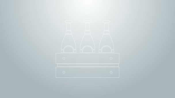 Línea azul Paquete de botellas de cerveza icono aislado sobre fondo gris. Caja de madera y botellas de cerveza. Cartel de caja de cerveza caja de caja. Animación gráfica de vídeo 4K — Vídeo de stock